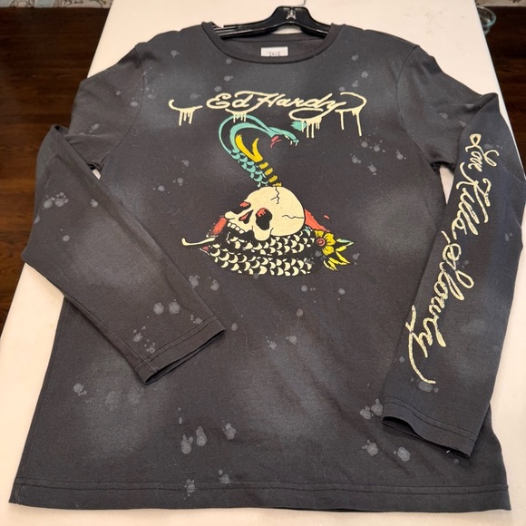 Ed Hardy X Christian Audigier Long Sleeve Black Splatter Tee Shirt Sz Small - Picture 9 of 11